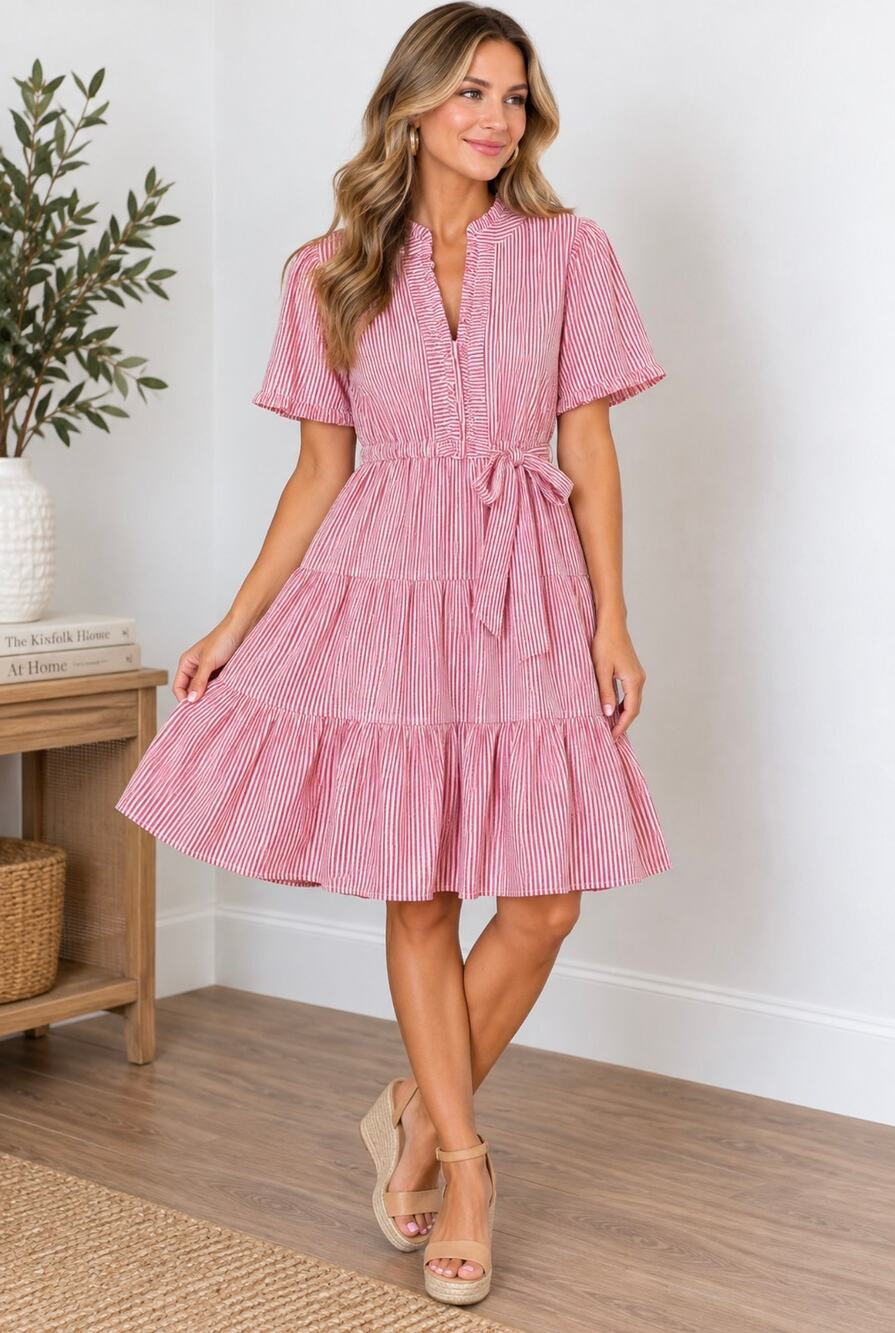 London Times 14 Pink White Striped Boho Tiered Midi Dress Ruffle NWT
